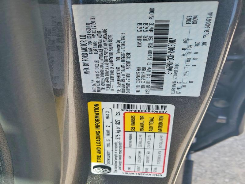 Aukcja sprzedaży 2017 Ford Fusion, vin: 3FA6P0HD3HR405087, numer aukcji: 85770185