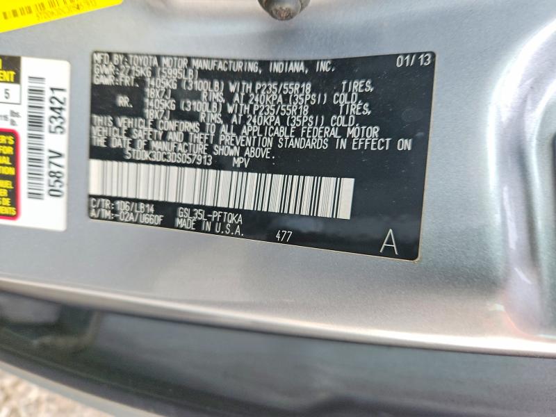 2013 Toyota Sienna მანქანა იყიდება აუქციონზე, vin: 5TDDK3DC3DS057913, აუქციონის ნომერი: 58187276