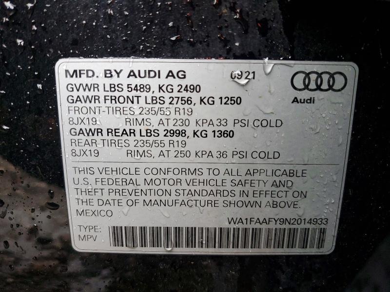 2022 Audi Q5 მანქანა იყიდება აუქციონზე, vin: WA1FAAFY9N2014933, აუქციონის ნომერი: 56448016