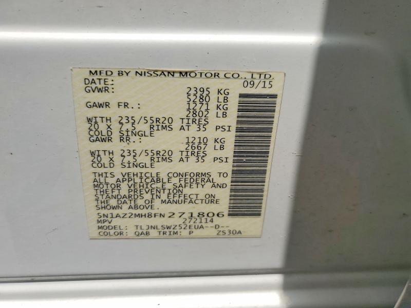 Aukcja sprzedaży 2015 Nissan Murano, vin: 5N1AZ2MH8FN271806, numer aukcji: 55027696