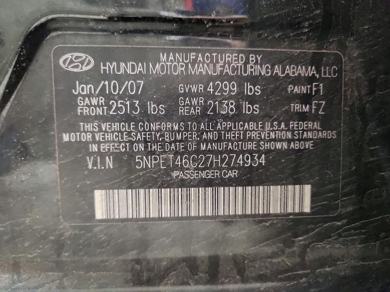 2007 Hyundai Sonata მანქანა იყიდება აუქციონზე, vin: 5NPET46C27H274934, აუქციონის ნომერი: 55745956