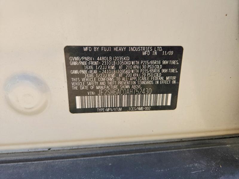 Auction sale of the 2010 Subaru Forester, vin: JF2SH6AC0AH752430, lot number: 57623726