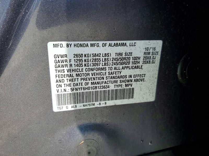 2016 Honda Pilot მანქანა იყიდება აუქციონზე, vin: 5FNYF6H01GB123634, აუქციონის ნომერი: 57564906