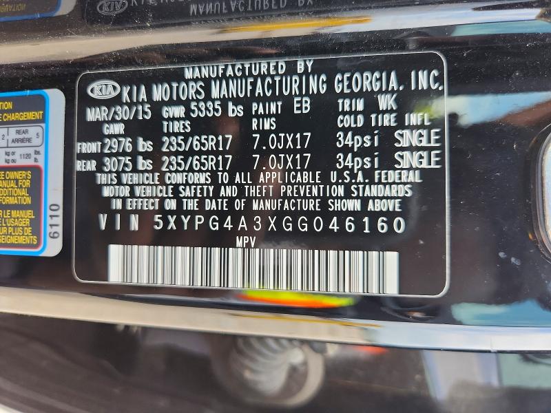 58460086 :رقم المزاد ، 5XYPG4A3XGG046160 vin ، 2016 Kia Sorento مزاد بيع