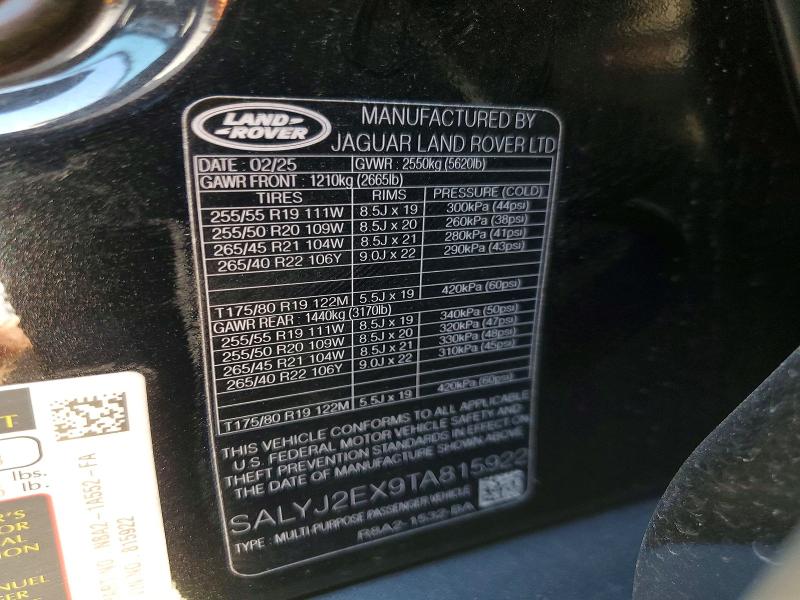 59136366 :رقم المزاد ، SALYJ2EX9TA815922 vin ، 2026 Land Rover Range Rover Velar مزاد بيع