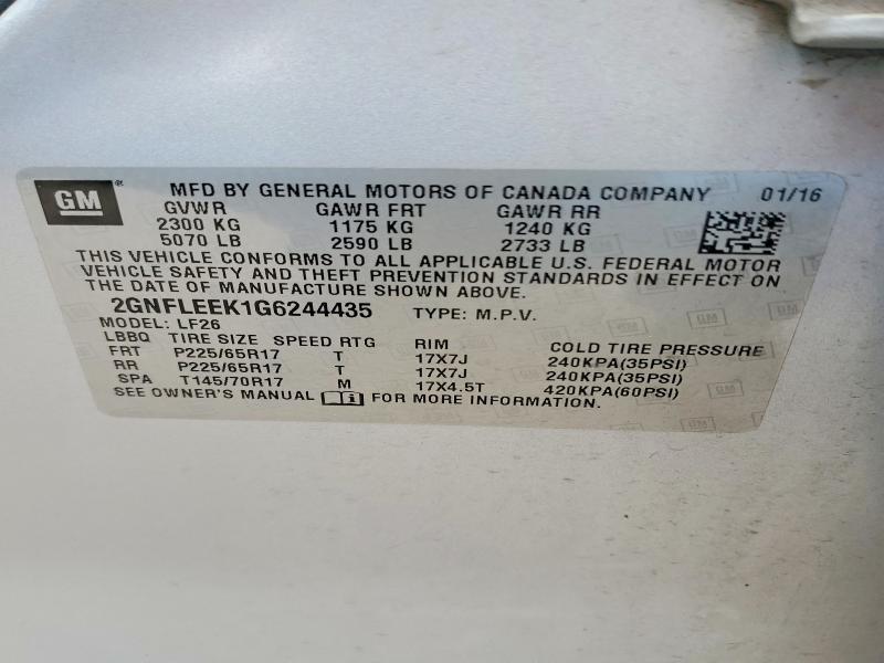 Продаж на аукціоні авто 2016 Chevrolet Equinox, vin: 2GNFLEEK1G6244435, номер лоту: 58035416