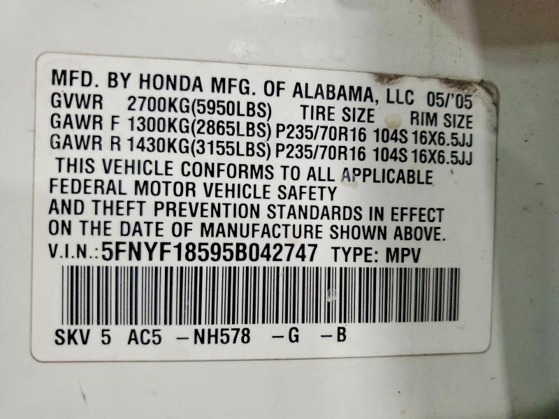 Продажа на аукционе авто 2005 Honda Pilot, vin: 5FNYF18595B042747, номер лота: 56454036