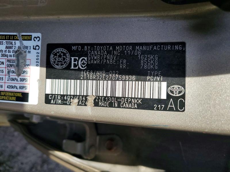 Aukcja sprzedaży 2007 Toyota Corolla, vin: 2T1BR32E27C759936, numer aukcji: 58920446