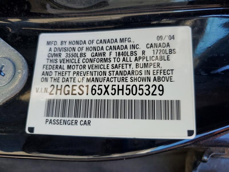 55657116 :رقم المزاد ، 2HGES165X5H505329 vin ، 2005 Honda Civic مزاد بيع