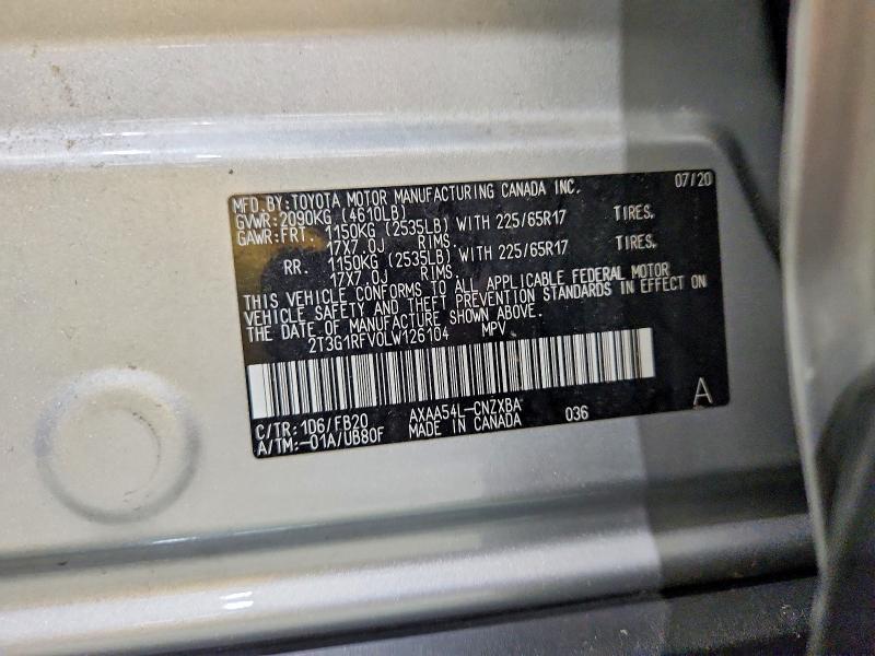 58072756 :رقم المزاد ، 2T3G1RFV0LW126104 vin ، 2020 Toyota Rav4 مزاد بيع