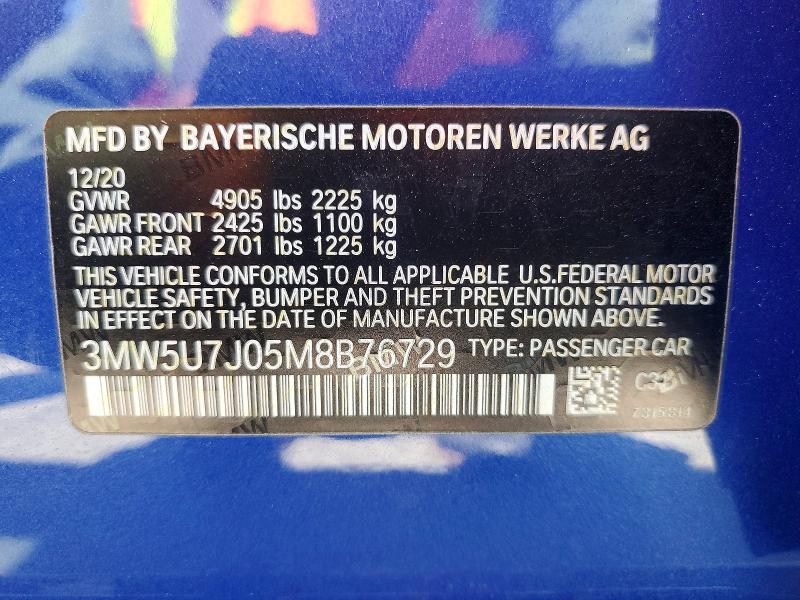 2021 Bmw M340i მანქანა იყიდება აუქციონზე, vin: 3MW5U7J05M8B76729, აუქციონის ნომერი: 58143356