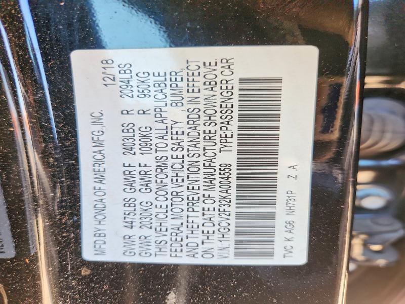2019 Honda Accord მანქანა იყიდება აუქციონზე, vin: 1HGCV2F32KA004559, აუქციონის ნომერი: 55966076