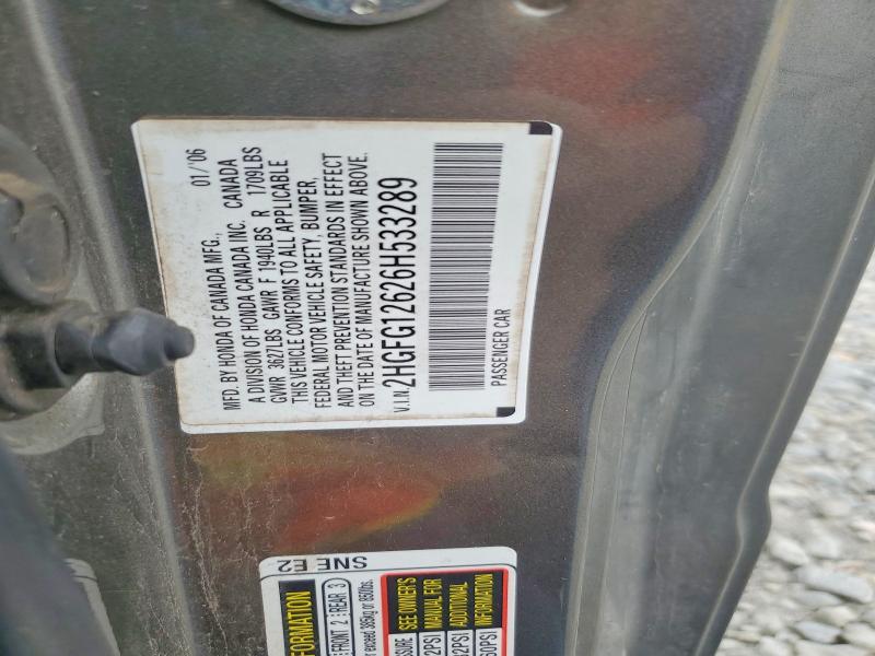 Aukcja sprzedaży 2006 Honda Civic, vin: 2HGFG12626H533289, numer aukcji: 85968055