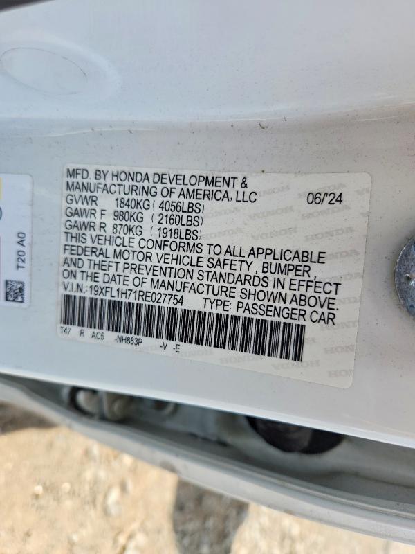 Продажа на аукционе авто 2024 Honda Civic, vin: 19XFL1H71RE027754, номер лота: 57188996