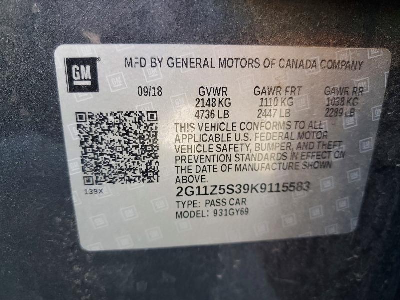 57005326 :رقم المزاد ، 2G11Z5S39K9115583 vin ، 2019 Chevrolet Impala مزاد بيع