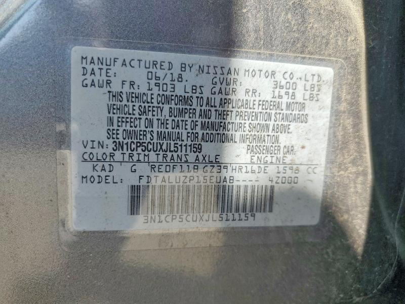 56655476 :رقم المزاد ، 3N1CP5CUXJL511159 vin ، 2018 Nissan Kicks مزاد بيع