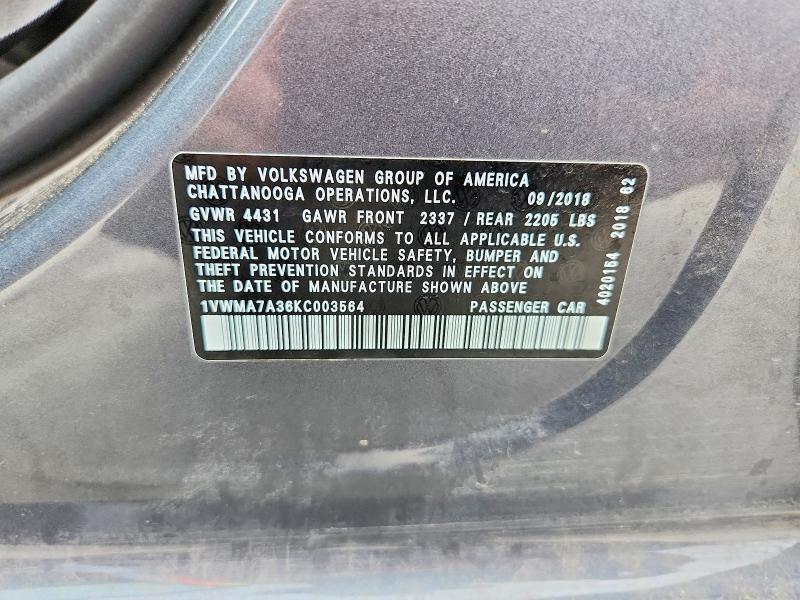 Продаж на аукціоні авто 2019 Volkswagen Passat, vin: 1VWMA7A36KC003564, номер лоту: 58052826