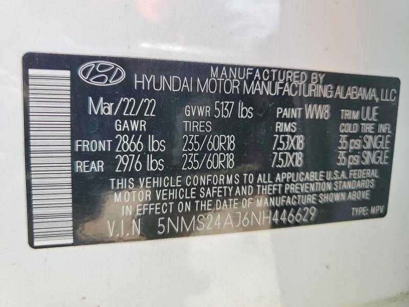 2022 Hyundai Santa Fe მანქანა იყიდება აუქციონზე, vin: 5NMS24AJ6NH446629, აუქციონის ნომერი: 57753916