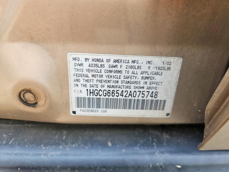 Продаж на аукціоні авто 2002 Honda Accord, vin: 1HGCG66542A075748, номер лоту: 59001356