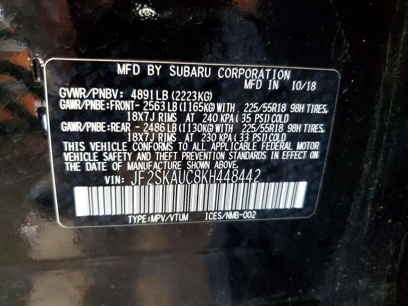 58699036 :رقم المزاد ، JF2SKAUC8KH448442 vin ، 2019 Subaru Forester مزاد بيع