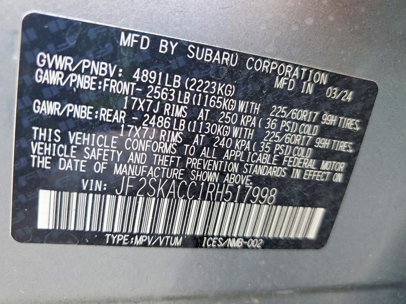 Продаж на аукціоні авто 2024 Subaru Forester, vin: JF2SKACC1RH517998, номер лоту: 58158916