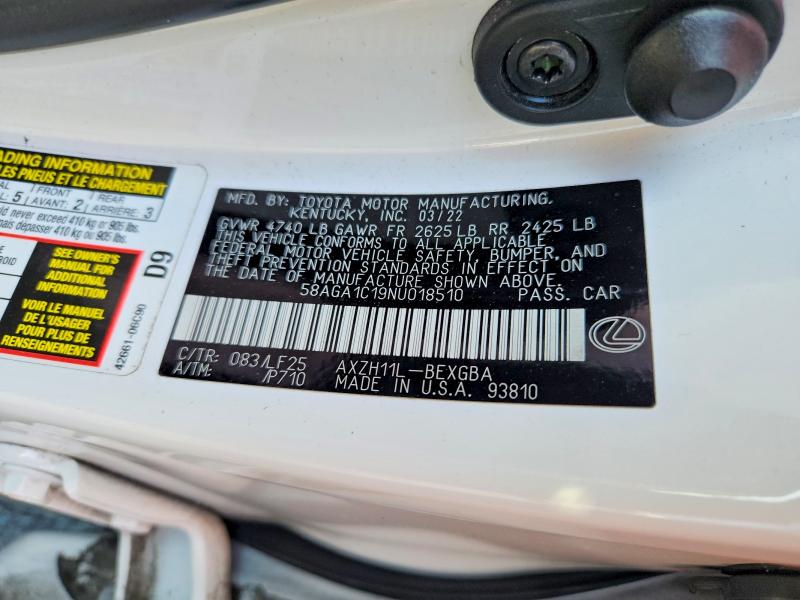 Продаж на аукціоні авто 2022 Lexus Es 300h, vin: 58AGA1C19NU018510, номер лоту: 55980106