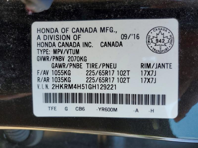 Aukcja sprzedaży 2016 Honda Cr-v, vin: 2HKRM4H51GH129221, numer aukcji: 57750976