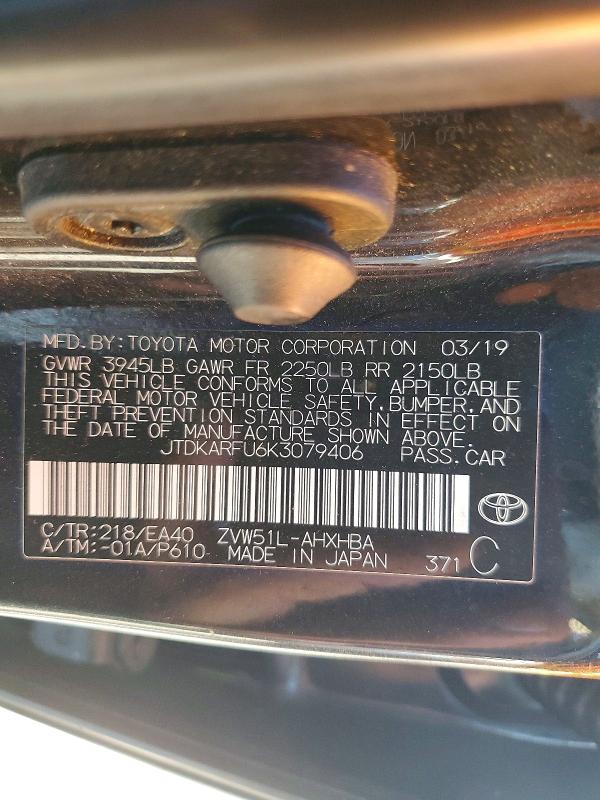 Aukcja sprzedaży 2019 Toyota Prius, vin: JTDKARFU6K3079406, numer aukcji: 57566146