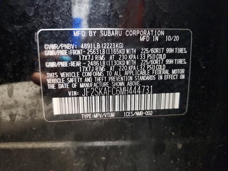 2021 Subaru Forester მანქანა იყიდება აუქციონზე, vin: JF2SKAFC6MH444731, აუქციონის ნომერი: 57714316