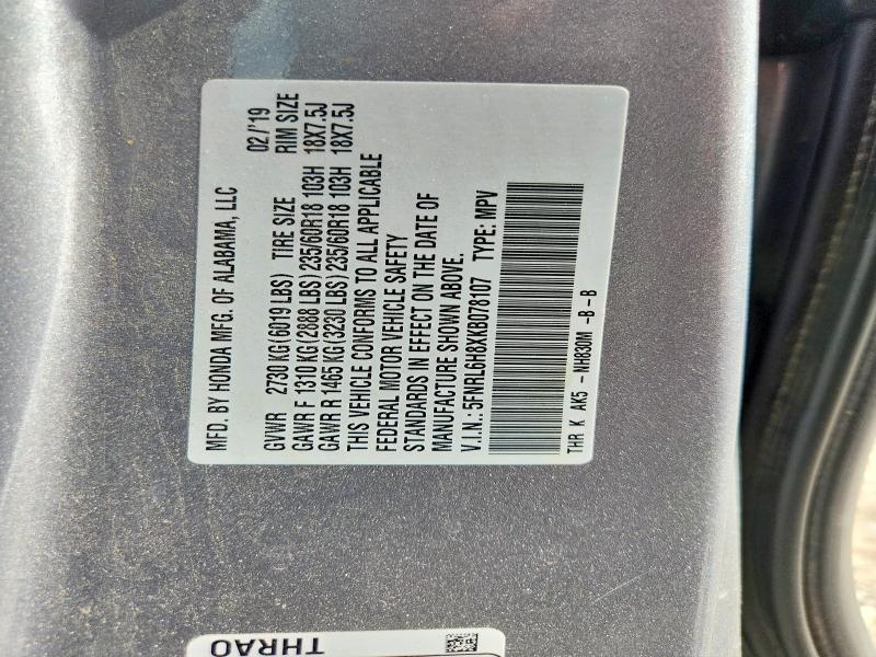 Aukcja sprzedaży 2019 Honda Odyssey, vin: 5FNRL6H8XKB078107, numer aukcji: 58301856