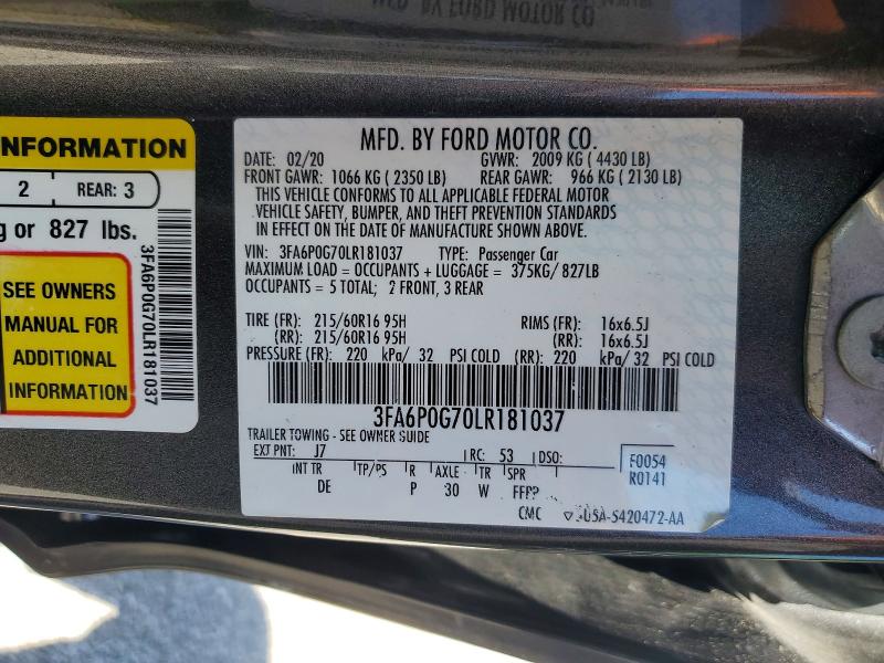 2020 Ford Fusion მანქანა იყიდება აუქციონზე, vin: 3FA6P0G70LR181037, აუქციონის ნომერი: 55867446