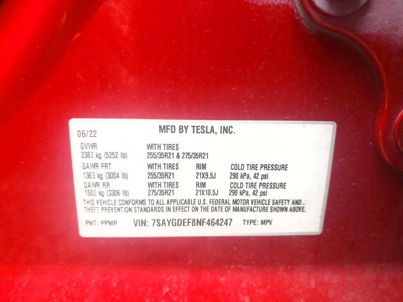 2022 Tesla Model Y მანქანა იყიდება აუქციონზე, vin: 7SAYGDEF8NF464247, აუქციონის ნომერი: 56123296
