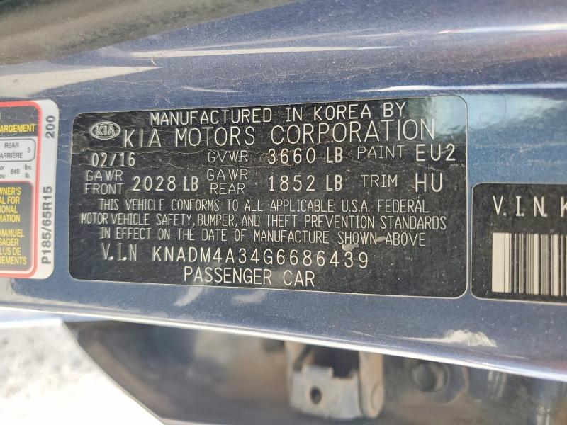 56110546 :رقم المزاد ، KNADM4A34G6686439 vin ، 2016 Kia Rio مزاد بيع