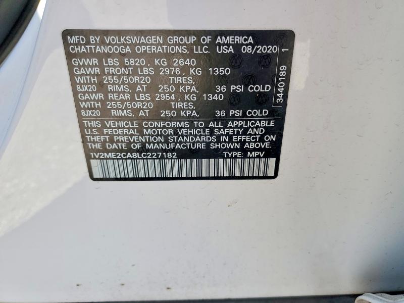 57409646 :رقم المزاد ، 1V2ME2CA8LC227182 vin ، 2020 Volkswagen Atlas Cross Sport مزاد بيع
