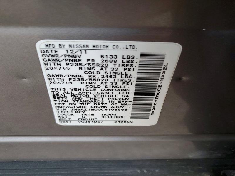 55881496 :رقم المزاد ، JN8AZ1MU0CW108668 vin ، 2012 Nissan Murano مزاد بيع