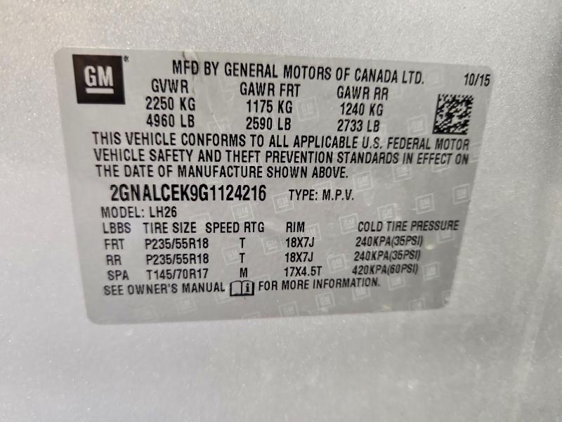 Продаж на аукціоні авто 2016 Chevrolet Equinox, vin: 2GNALCEK9G1124216, номер лоту: 58584986