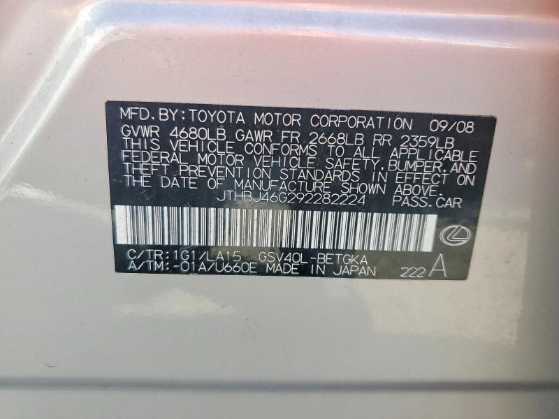 Aukcja sprzedaży 2009 Lexus Es, vin: JTHBJ46G292282224, numer aukcji: 57556206