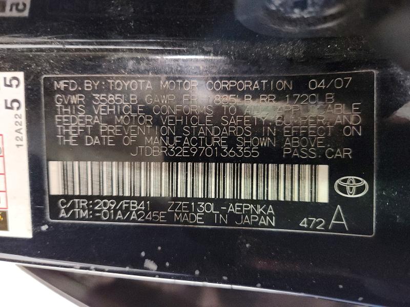 Aukcja sprzedaży 2007 Toyota Corolla, vin: JTDBR32E970136355, numer aukcji: 56035246