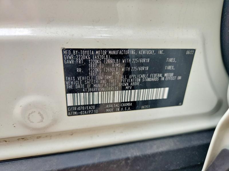 58899386 :رقم المزاد ، 4T3B6RFV9NU089519 vin ، 2022 Toyota Rav4 مزاد بيع