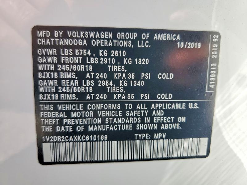 Auction sale of the 2019 Volkswagen Atlas, vin: 1V2DR2CAXKC610169, lot number: 57913246