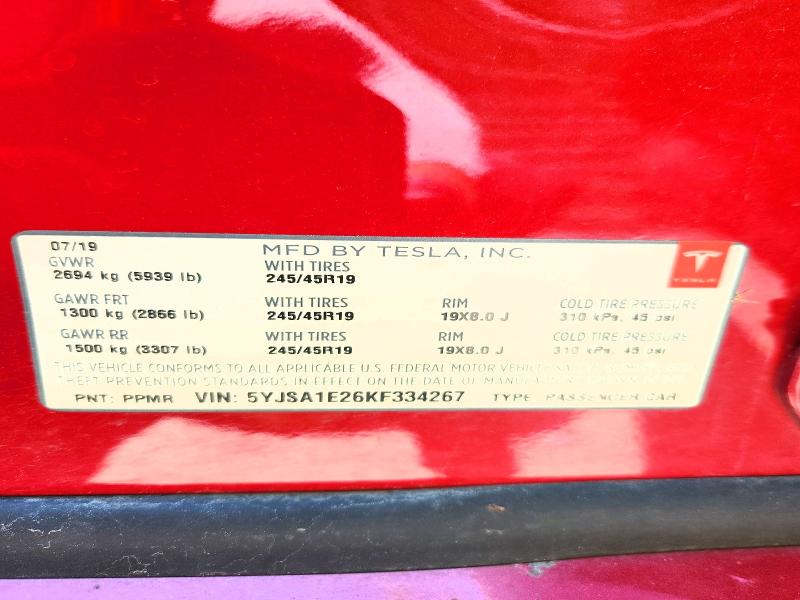 2019 Tesla Model S მანქანა იყიდება აუქციონზე, vin: 5YJSA1E26KF334267, აუქციონის ნომერი: 55670946
