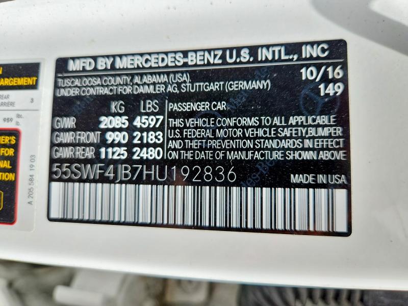 2017 Mercedes-benz C მანქანა იყიდება აუქციონზე, vin: 55SWF4JB7HU192836, აუქციონის ნომერი: 57513026