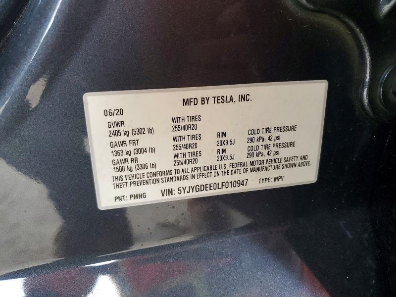 2020 Tesla Model Y მანქანა იყიდება აუქციონზე, vin: 5YJYGDEE0LF010947, აუქციონის ნომერი: 55775786