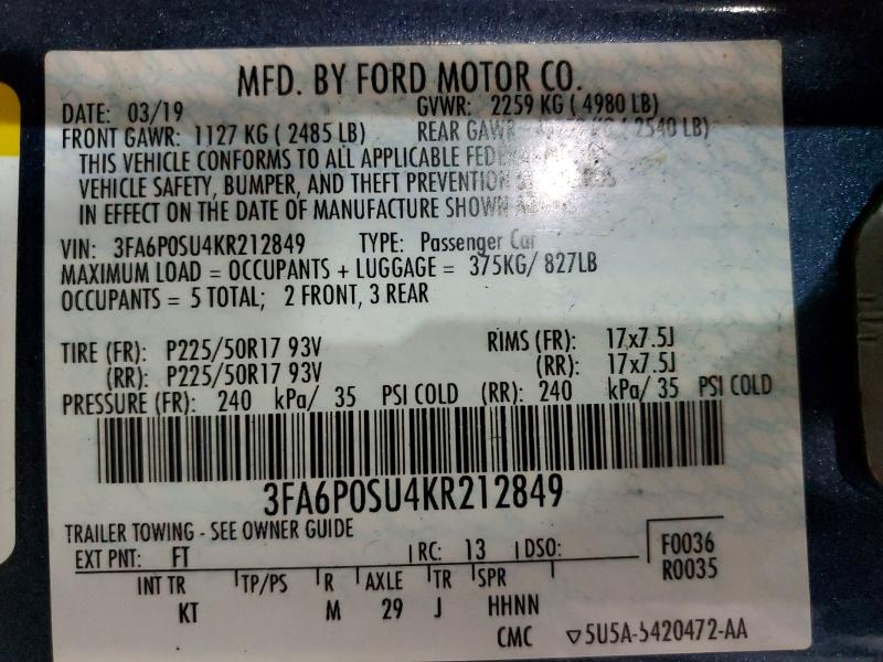56486266 :رقم المزاد ، 3FA6P0SU4KR212849 vin ، 2019 Ford Fusion مزاد بيع