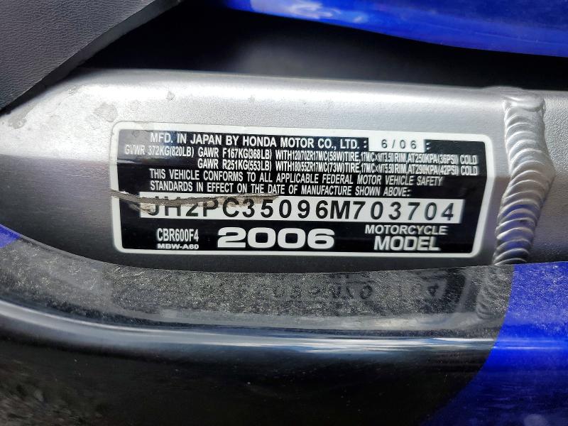 2006 Honda Cbr600 მანქანა იყიდება აუქციონზე, vin: JH2PC35096M703704, აუქციონის ნომერი: 56132496
