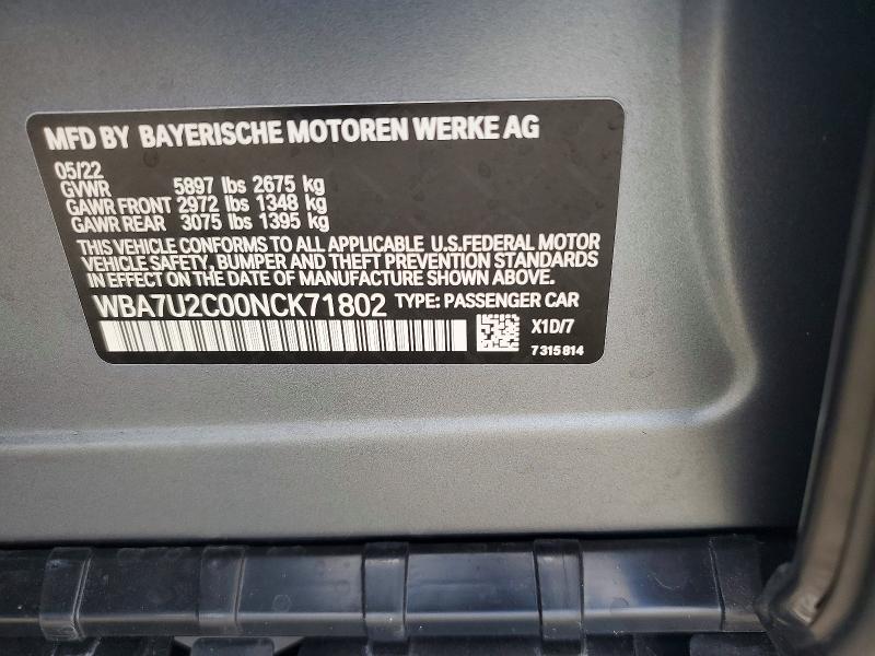 2022 Bmw 750 მანქანა იყიდება აუქციონზე, vin: WBA7U2C00NCK71802, აუქციონის ნომერი: 56846246