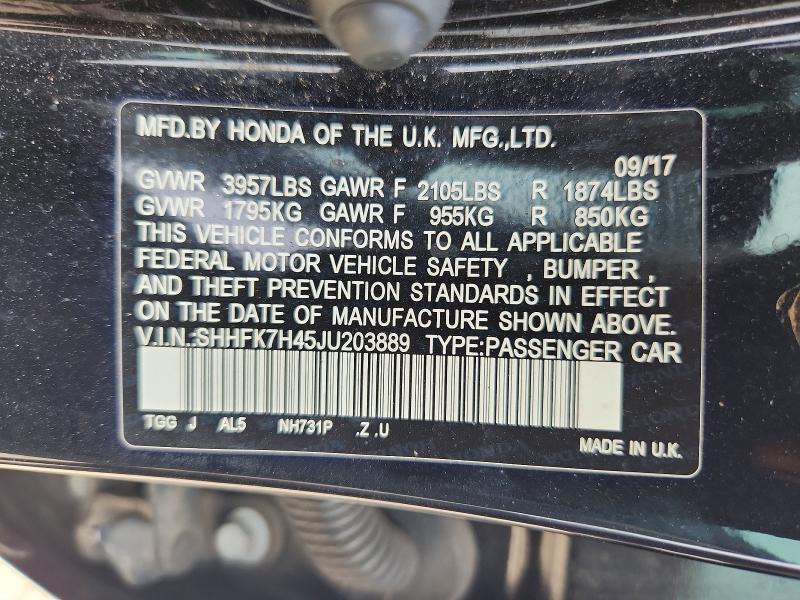 Продажа на аукционе авто 2018 Honda Civic, vin: SHHFK7H45JU203889, номер лота: 55633596