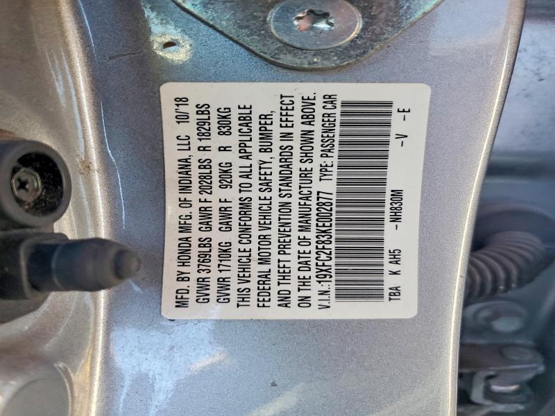 Aukcja sprzedaży 2019 Honda Civic, vin: 19XFC2F83KE002877, numer aukcji: 58200966