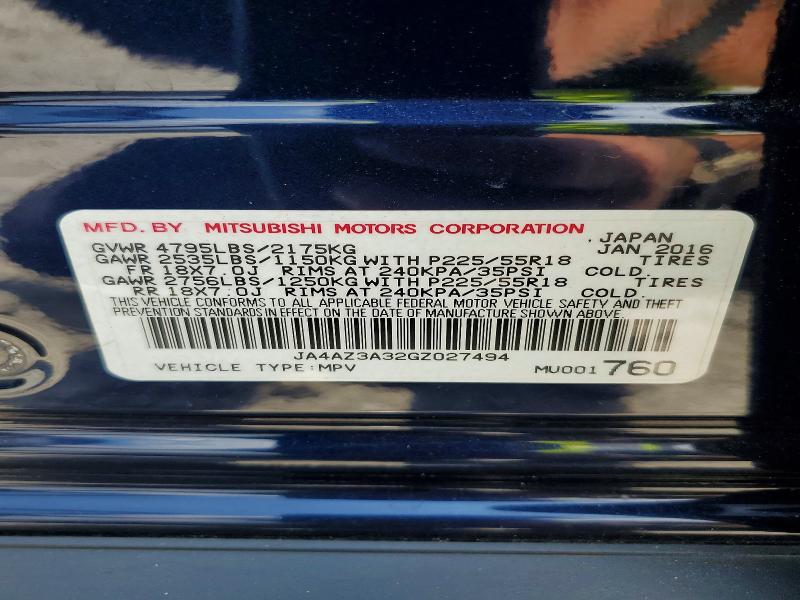 2016 Mitsubishi Outlander მანქანა იყიდება აუქციონზე, vin: JA4AZ3A32GZ027494, აუქციონის ნომერი: 59153356