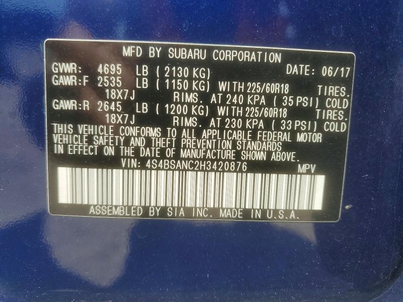 55426666 :رقم المزاد ، 4S4BSANC2H3420876 vin ، 2017 Subaru Outback مزاد بيع